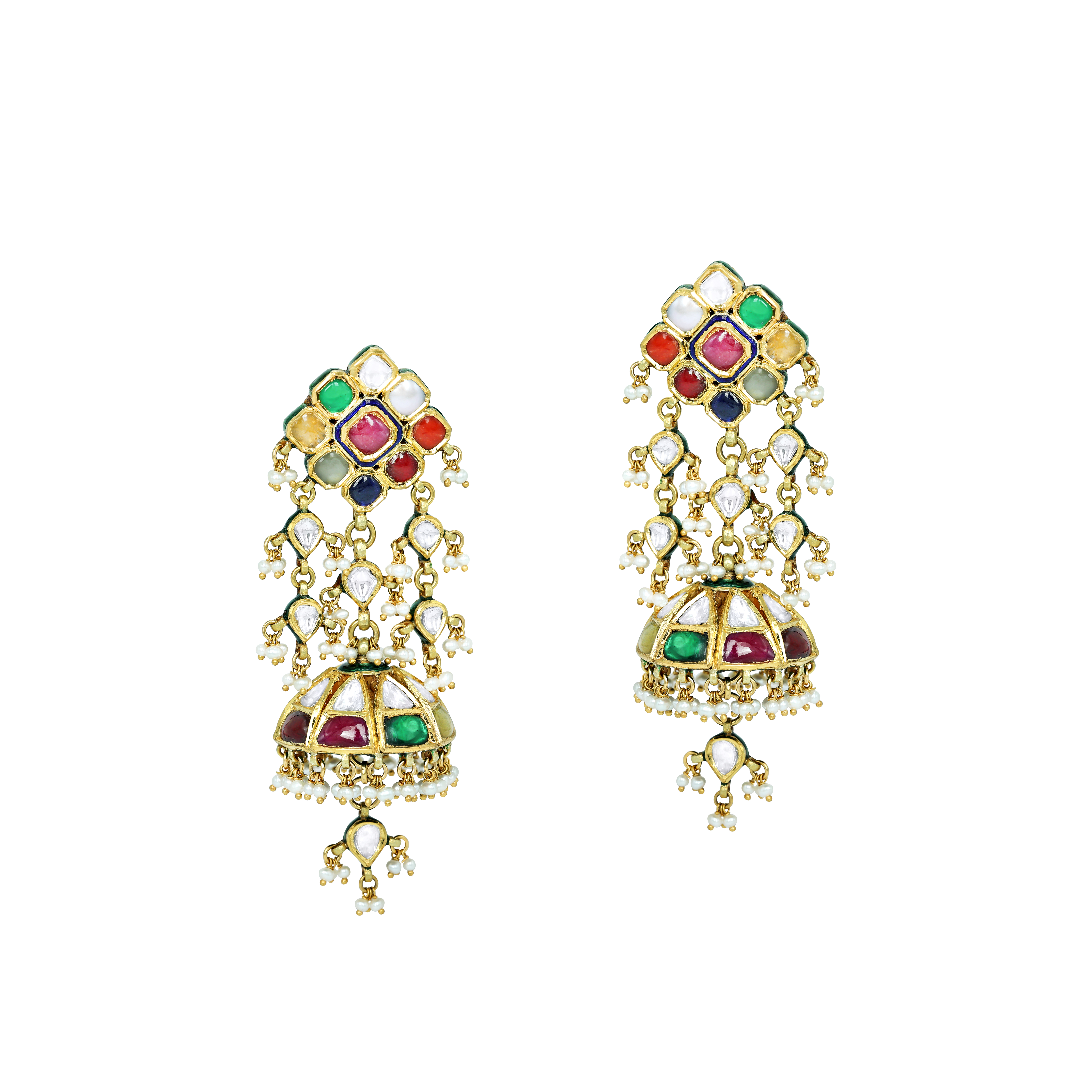 Navratan Jhumki Earrings with Polki, Navratan Gems, and Pearl Drops